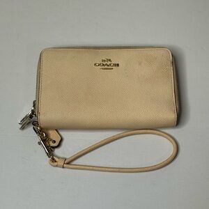 Coach Beige Leather Zip Around Wristlet